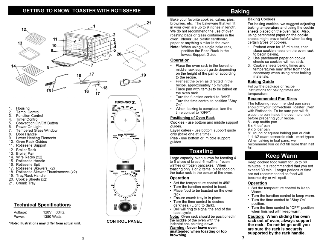 Euro-Pro K4245 owner manual Baking, Toasting, Keep Warm 