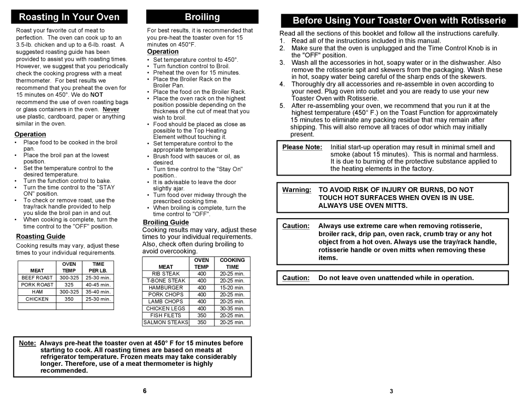 Euro-Pro K4245 owner manual Roasting In Your Oven, Broiling, Before Using Your Toaster Oven with Rotisserie, Roasting Guide 