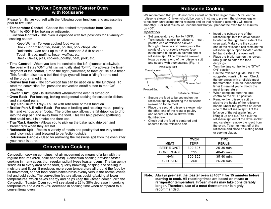 Euro-Pro K4245 owner manual Rotisserie Cooking, Convection Cooking 