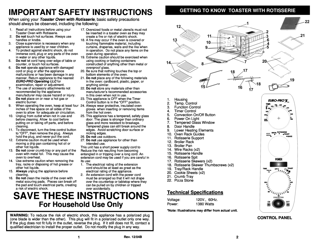 Euro-Pro K4245 Save These Instructions, For Household Use Only, Technical Specifications, Important Safety Instructions 