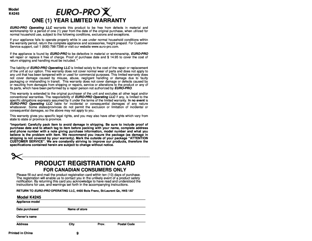 Euro-Pro K4245 owner manual ONE 1 YEAR LIMITED WARRANTY, For Canadian Consumers Only, Product Registration Card 