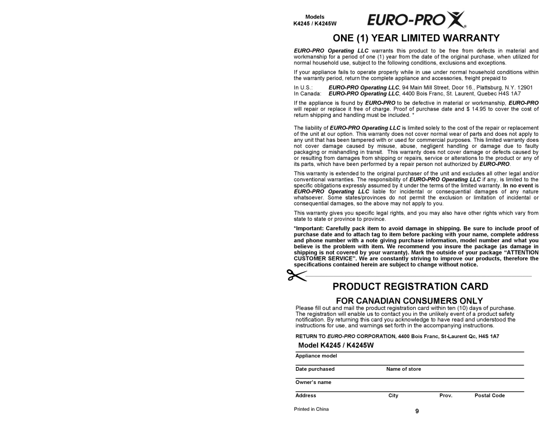 Euro-Pro ONE 1 YEAR LIMITED WARRANTY, Product Registration Card, For Canadian Consumers Only, Model K4245 / K4245W 