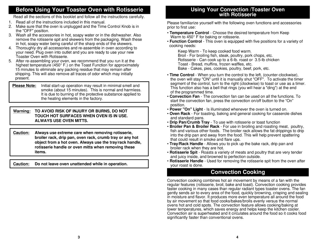 Euro-Pro K4245W owner manual Before Using Your Toaster Oven with Rotisserie, Convection Cooking 