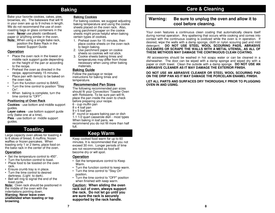 Euro-Pro K4245W owner manual Baking Care & Cleaning, Toasting, Keep Warm, Baking Guide, Recommended Pan Sizes 