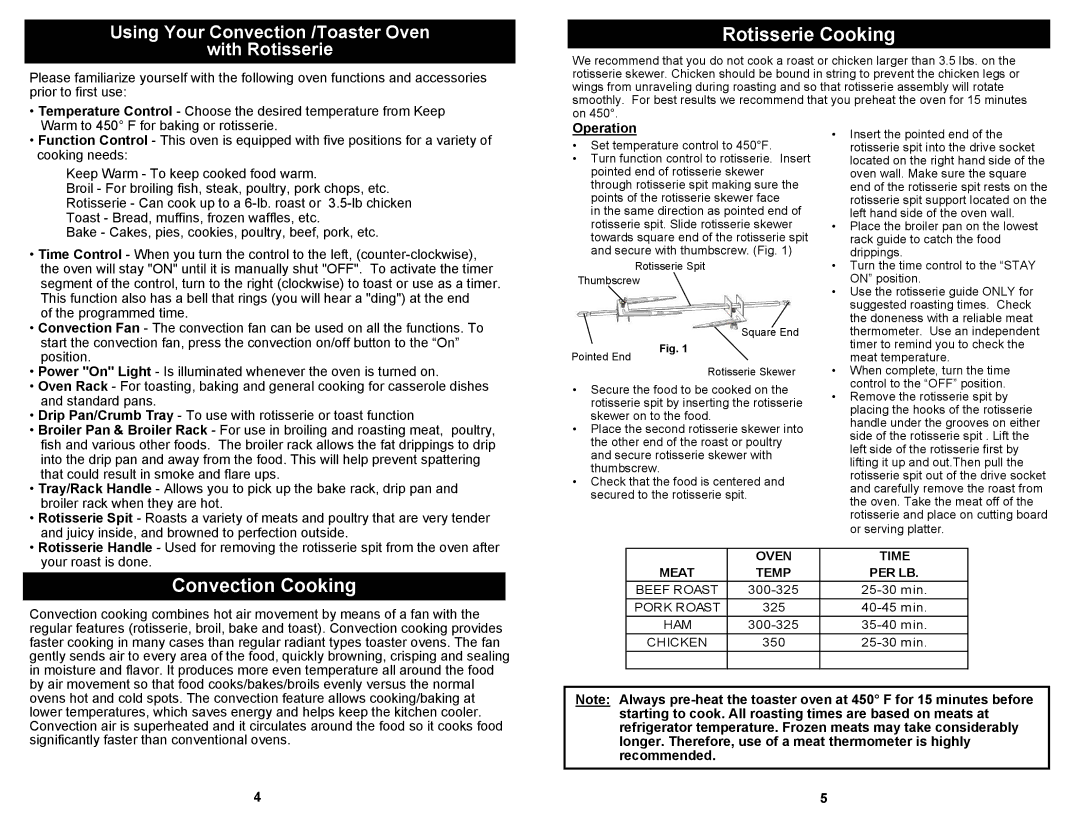 Euro-Pro K4245W owner manual Rotisserie Cooking, Convection Cooking 