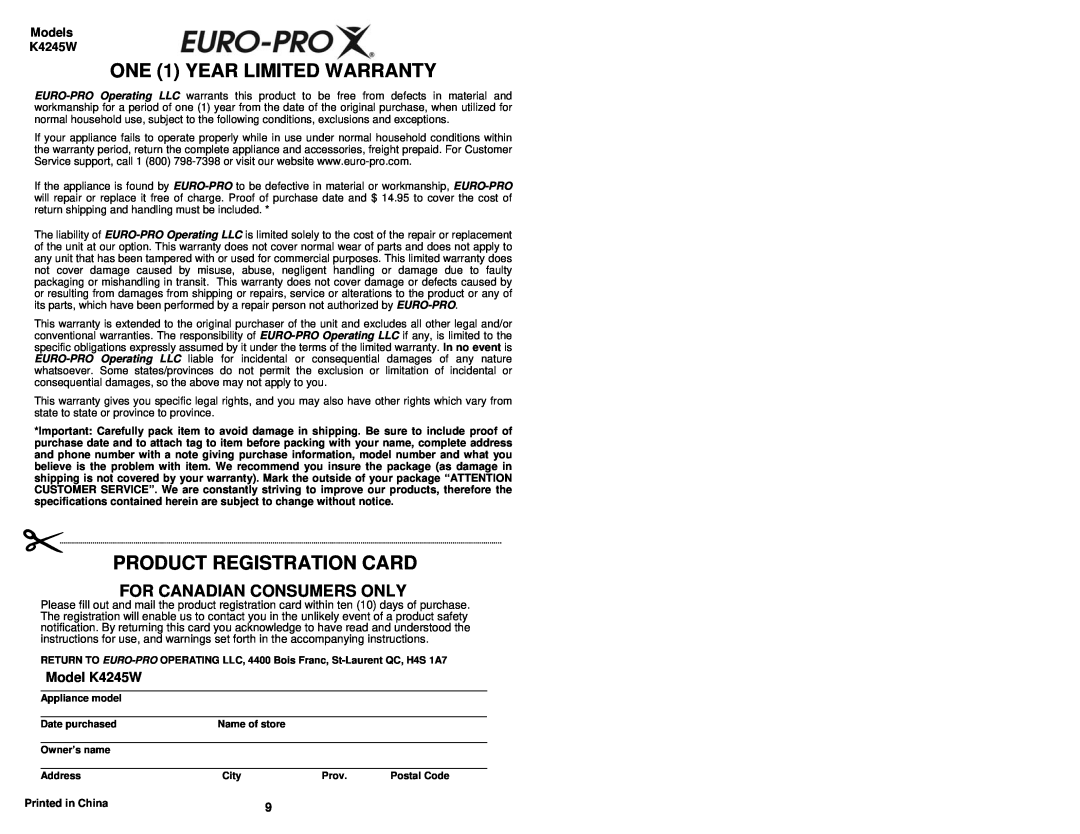 Euro-Pro K4245W owner manual ONE 1 YEAR LIMITED WARRANTY, Product Registration Card, For Canadian Consumers Only 
