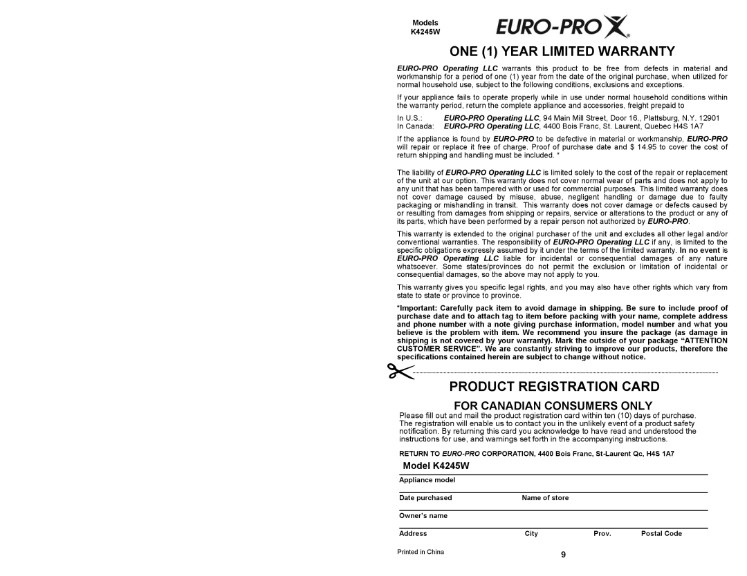 Euro-Pro owner manual ONE 1 YEAR LIMITED WARRANTY, Product Registration Card, For Canadian Consumers Only, Model K4245W 