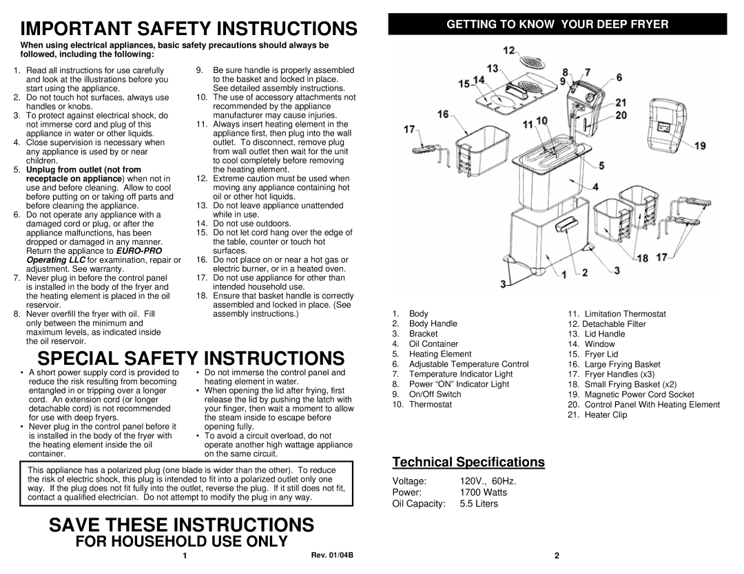 Euro-Pro K4320 owner manual For Household USE only, Getting to Know Your Deep Fryer, Heater Clip 