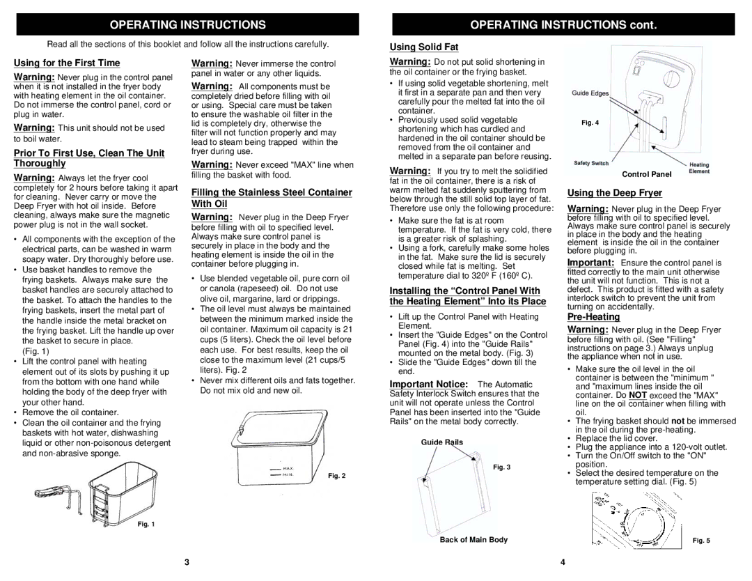 Euro-Pro K4320 Operating Instructions, Filling the Stainless Steel Container With Oil, Using the Deep Fryer, Pre-Heating 