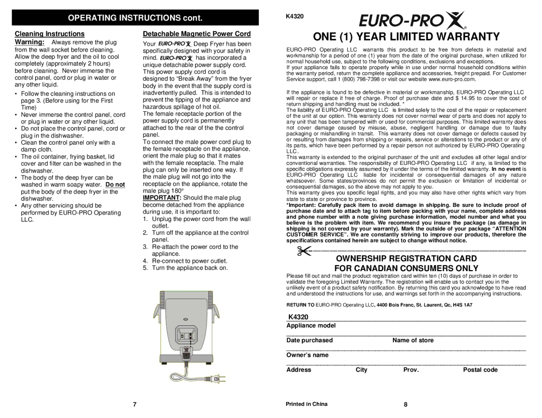 Euro-Pro K4320 owner manual ONE 1 Year Limited Warranty, Detachable Magnetic Power Cord 