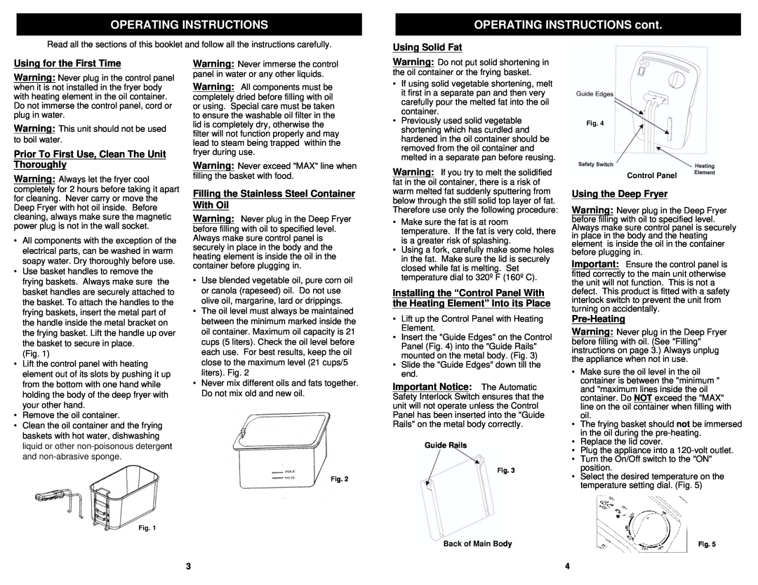 Euro-Pro K4320 Operating Instructions, OPERATING INSTRUCTIONS cont, Using Solid Fat, Using for the First Time, Pre-Heating 