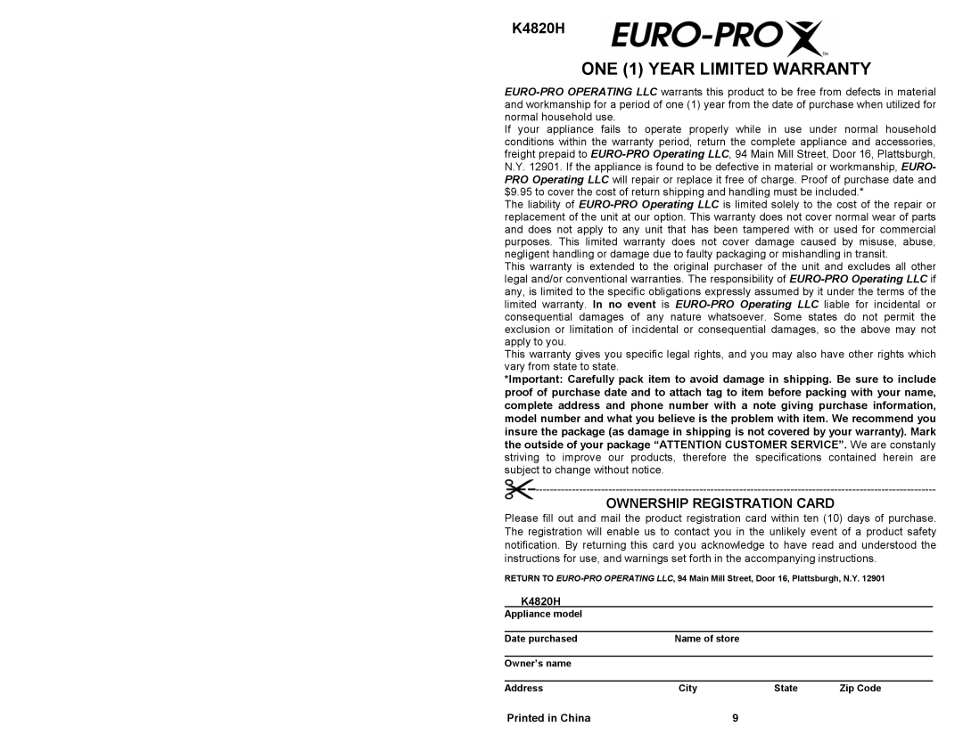 Euro-Pro K4820H owner manual ONE 1 Year Limited Warranty 