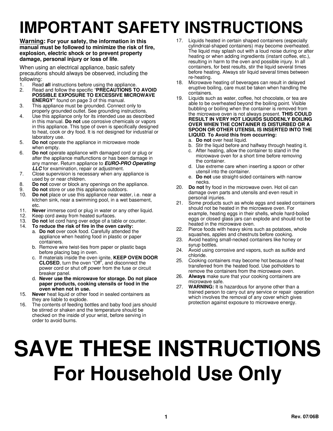 Euro-Pro K5309H owner manual Save These Instructions, For Household Use Only, Important Safety Instructions 