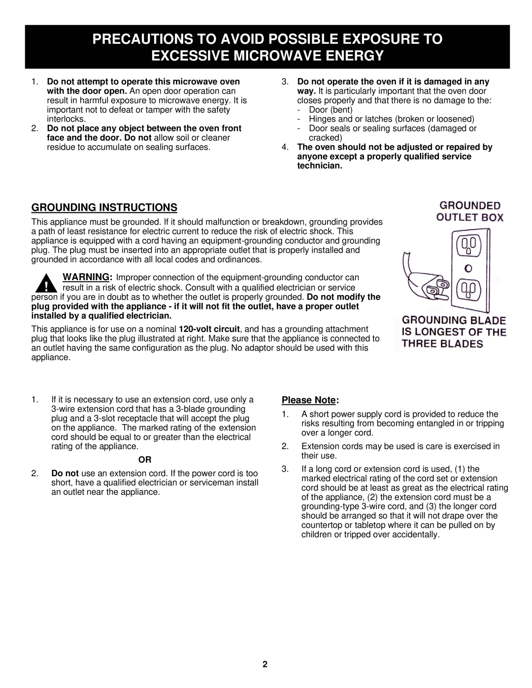 Euro-Pro K5309H owner manual Precautions To Avoid Possible Exposure To, Excessive Microwave Energy, Grounding Instructions 