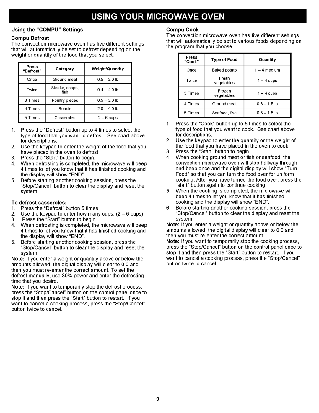 Euro-Pro K5345 Using the Compu Settings Compu Defrost, To defrost casseroles, Compu Cook, Press Category Weight/Quantity 