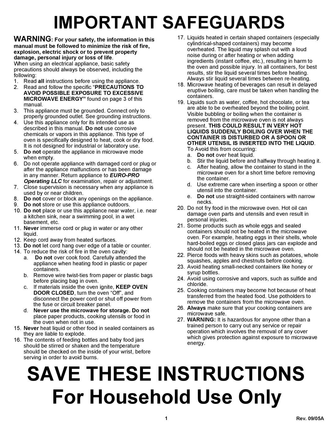 Euro-Pro K5345 owner manual Important Safeguards, SAVE THESE INSTRUCTIONS For Household Use Only 