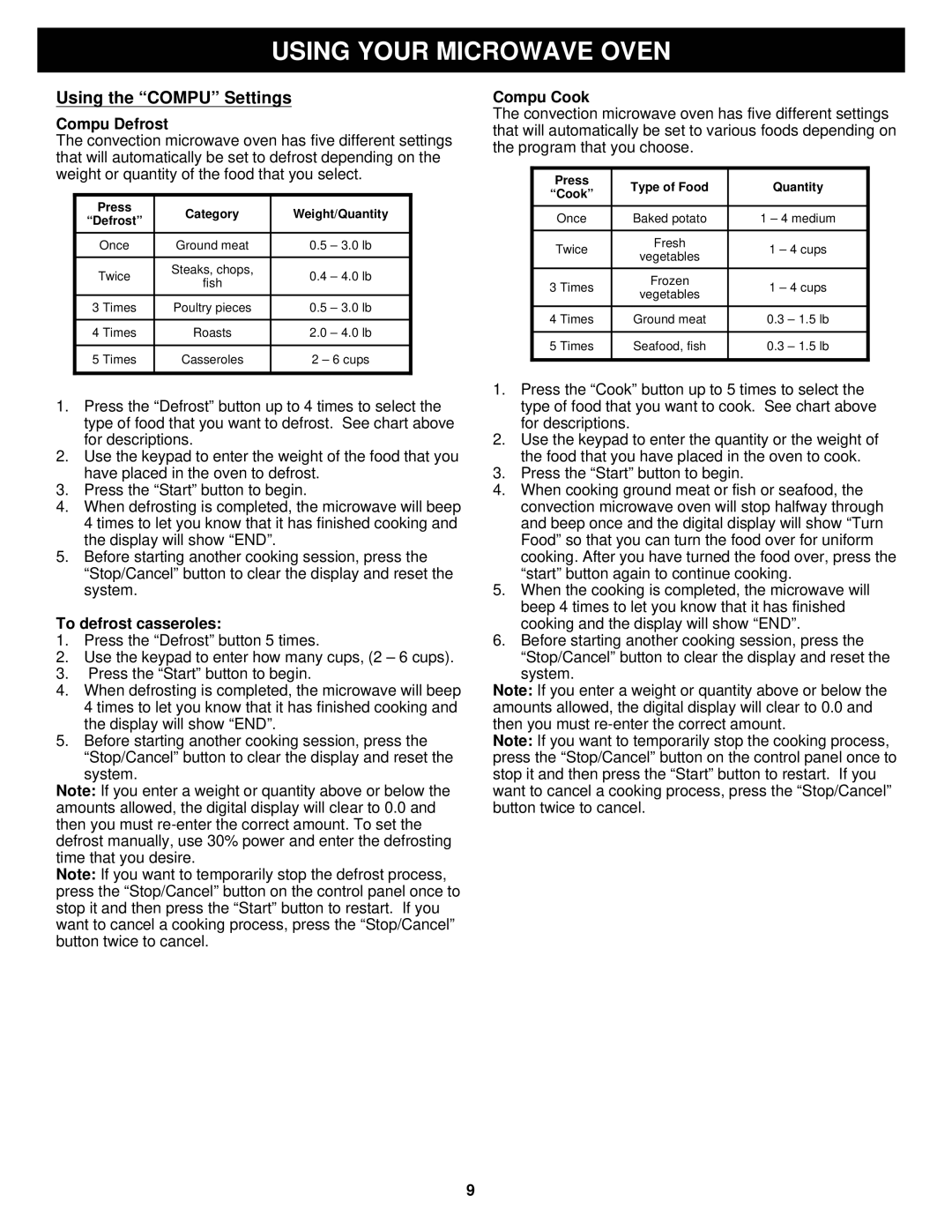 Euro-Pro K5345B owner manual Using the Compu Settings, Compu Defrost, To defrost casseroles, Compu Cook 