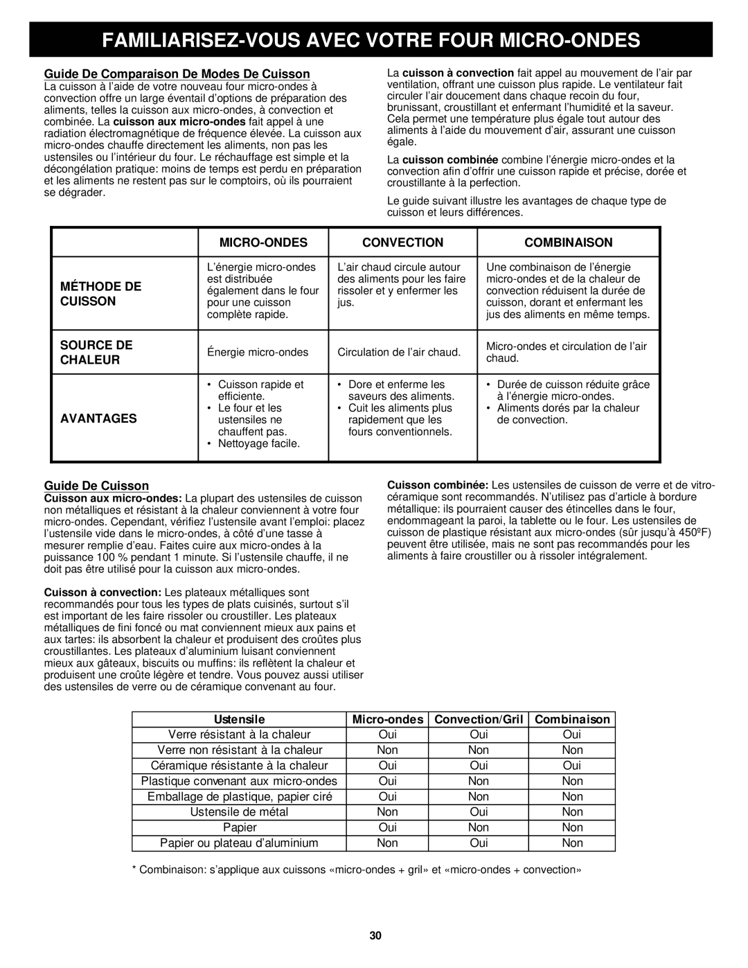 Euro-Pro K5345B owner manual MICRO-ONDES Convection Combinaison, Méthode DE, Cuisson, Source DE, Chaleur, Avantages 