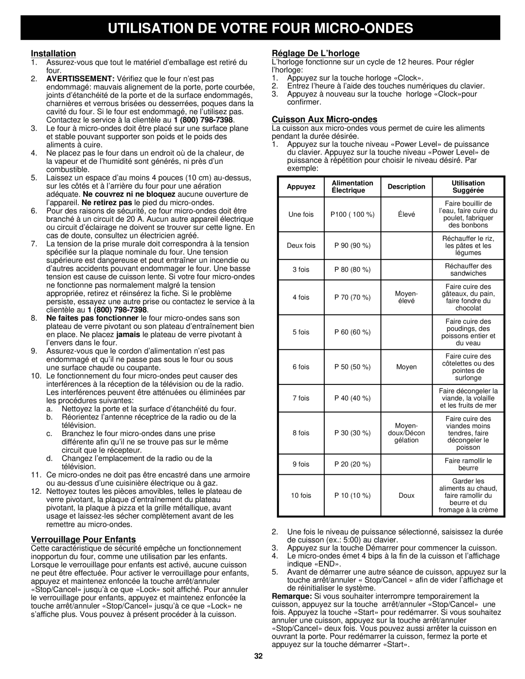 Euro-Pro K5345B Utilisation DE Votre Four MICRO-ONDES, Installation, Verrouillage Pour Enfants, Réglage De L’horloge 