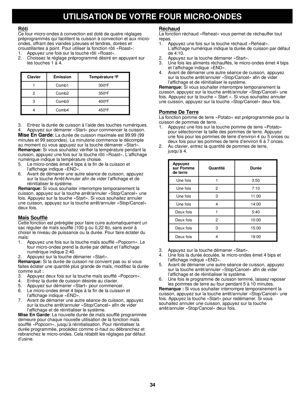 Euro-Pro K5345B owner manual Rôti, Maïs Soufflé, Réchaud, Pomme De Terre 