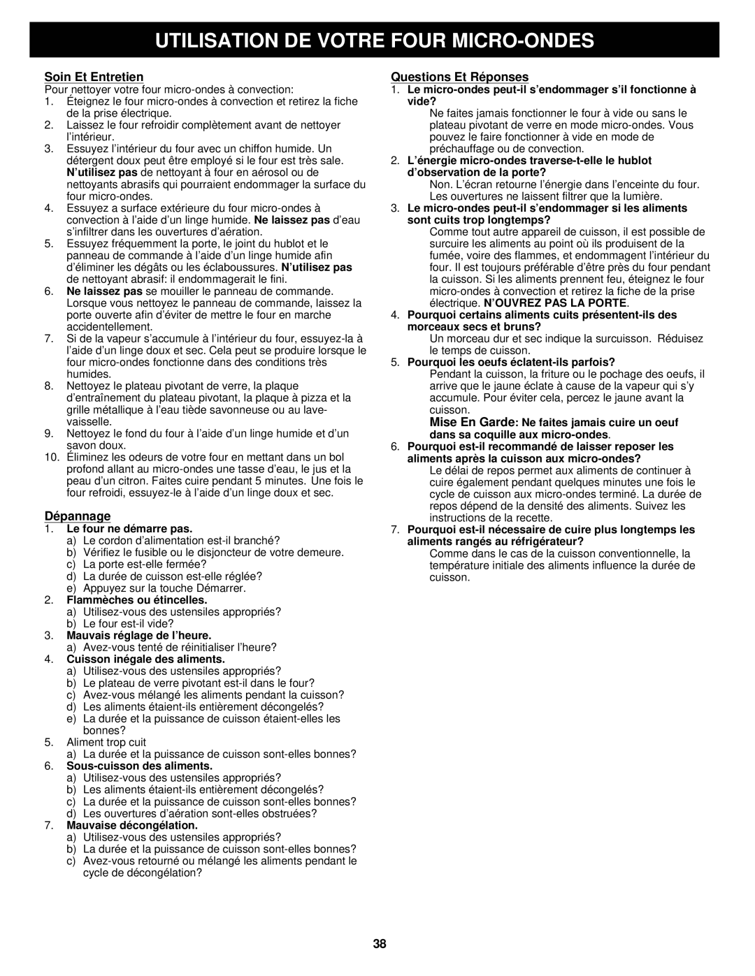 Euro-Pro K5345B owner manual Soin Et Entretien, Dépannage, Questions Et Réponses 