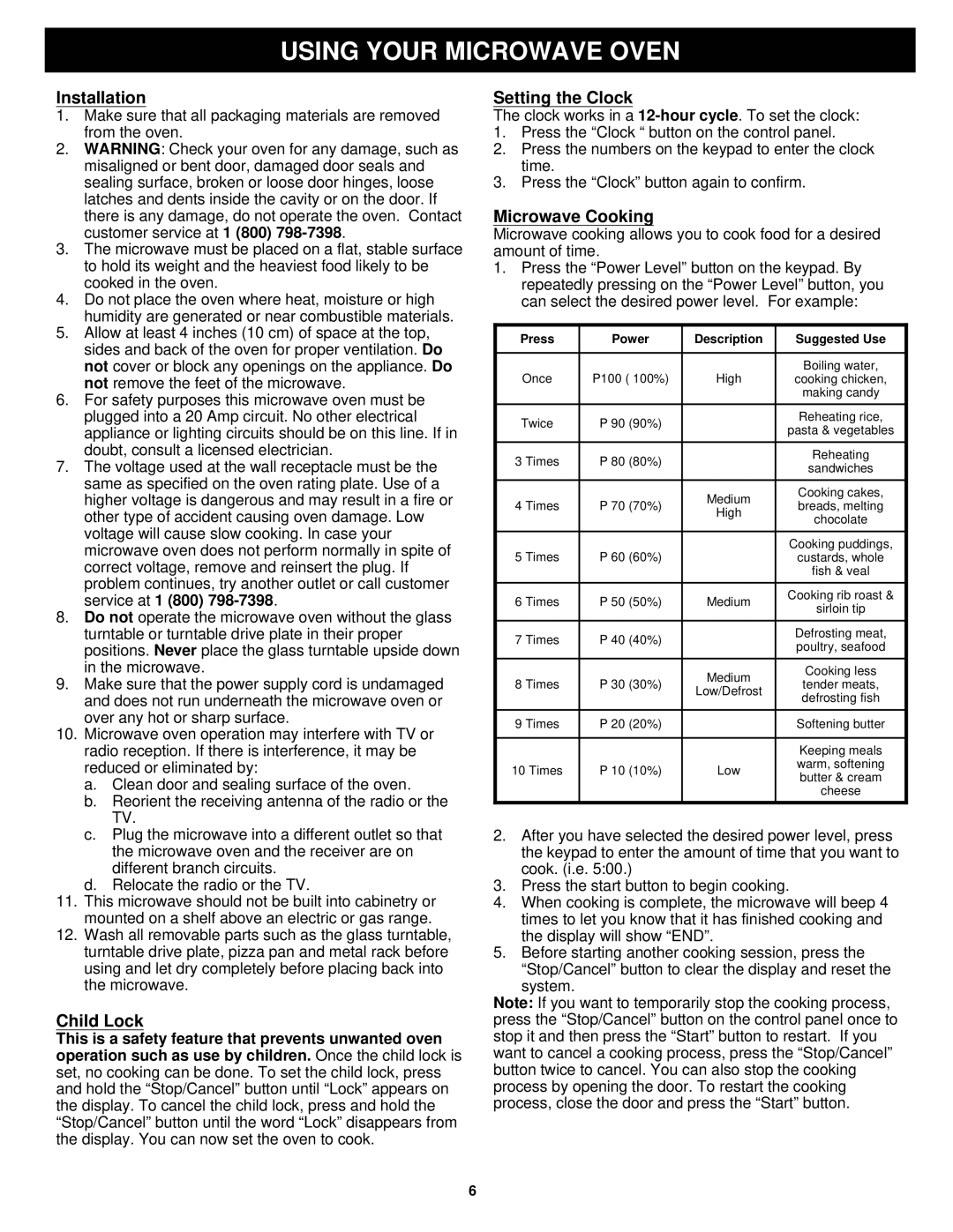 Euro-Pro K5345B owner manual Using Your Microwave Oven, Installation, Child Lock, Setting the Clock, Microwave Cooking 