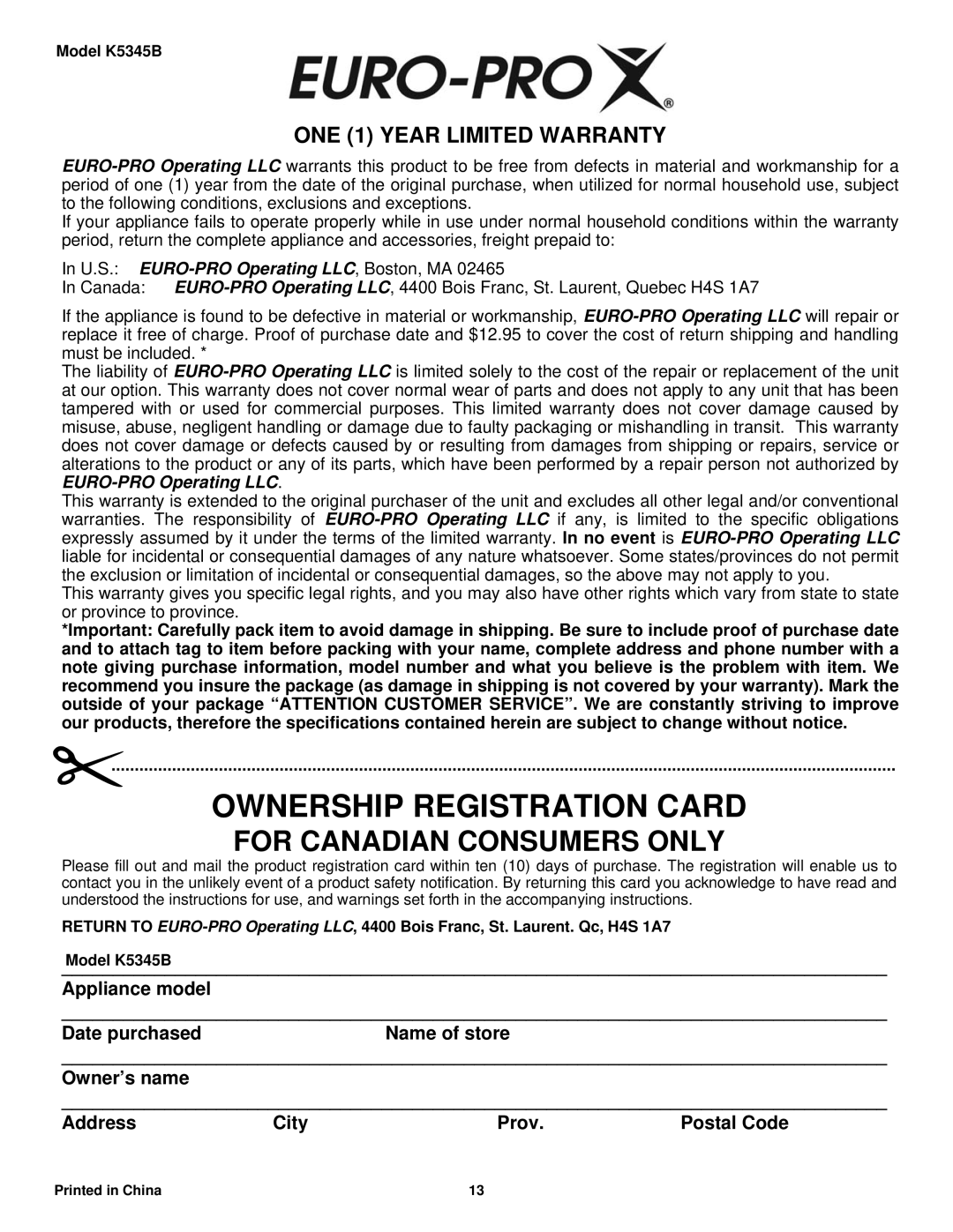 Euro-Pro K5345B owner manual Ownership Registration Card, For Canadian Consumers Only, ONE 1 YEAR LIMITED WARRANTY 