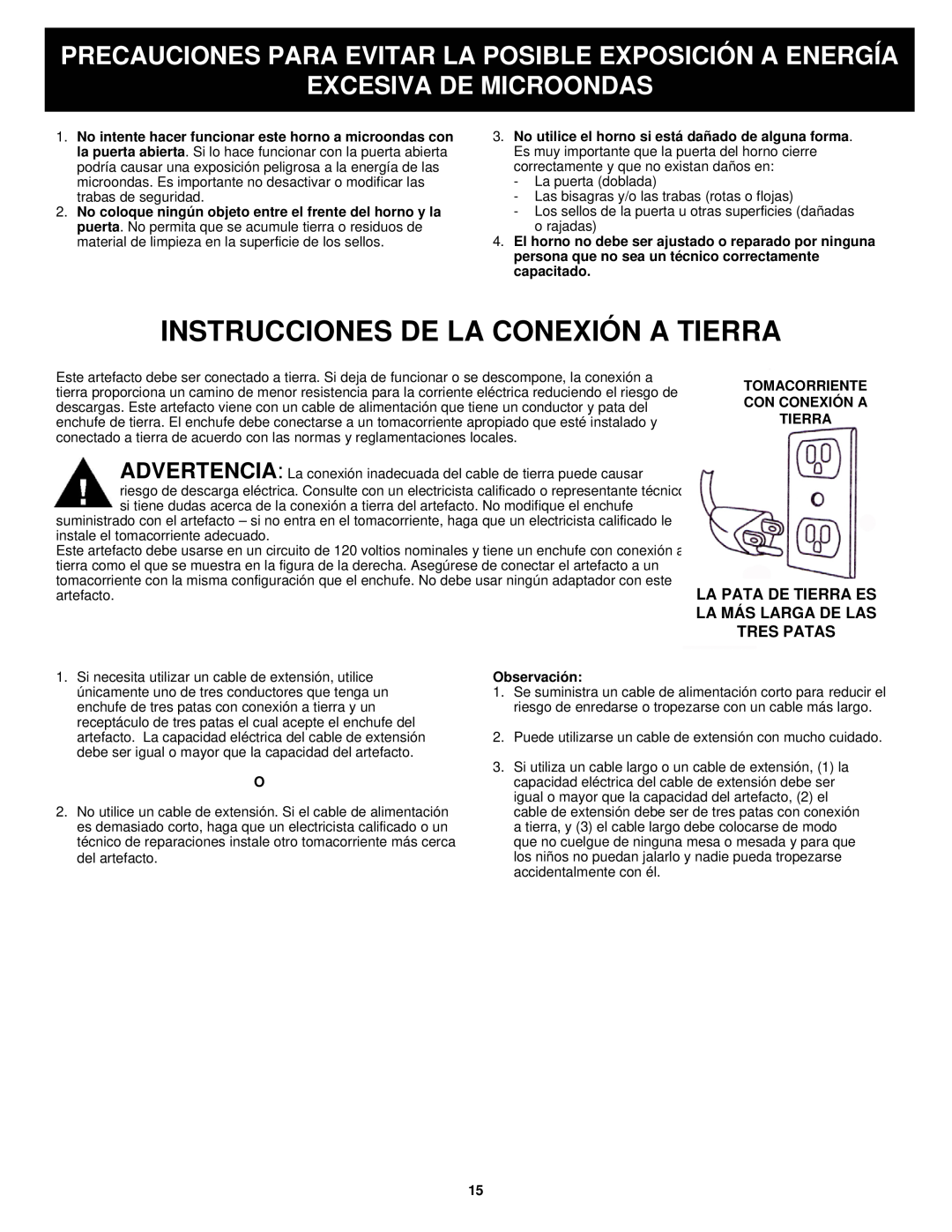 Euro-Pro K5345B owner manual Instrucciones De La Conexión A Tierra, Excesiva De Microondas 