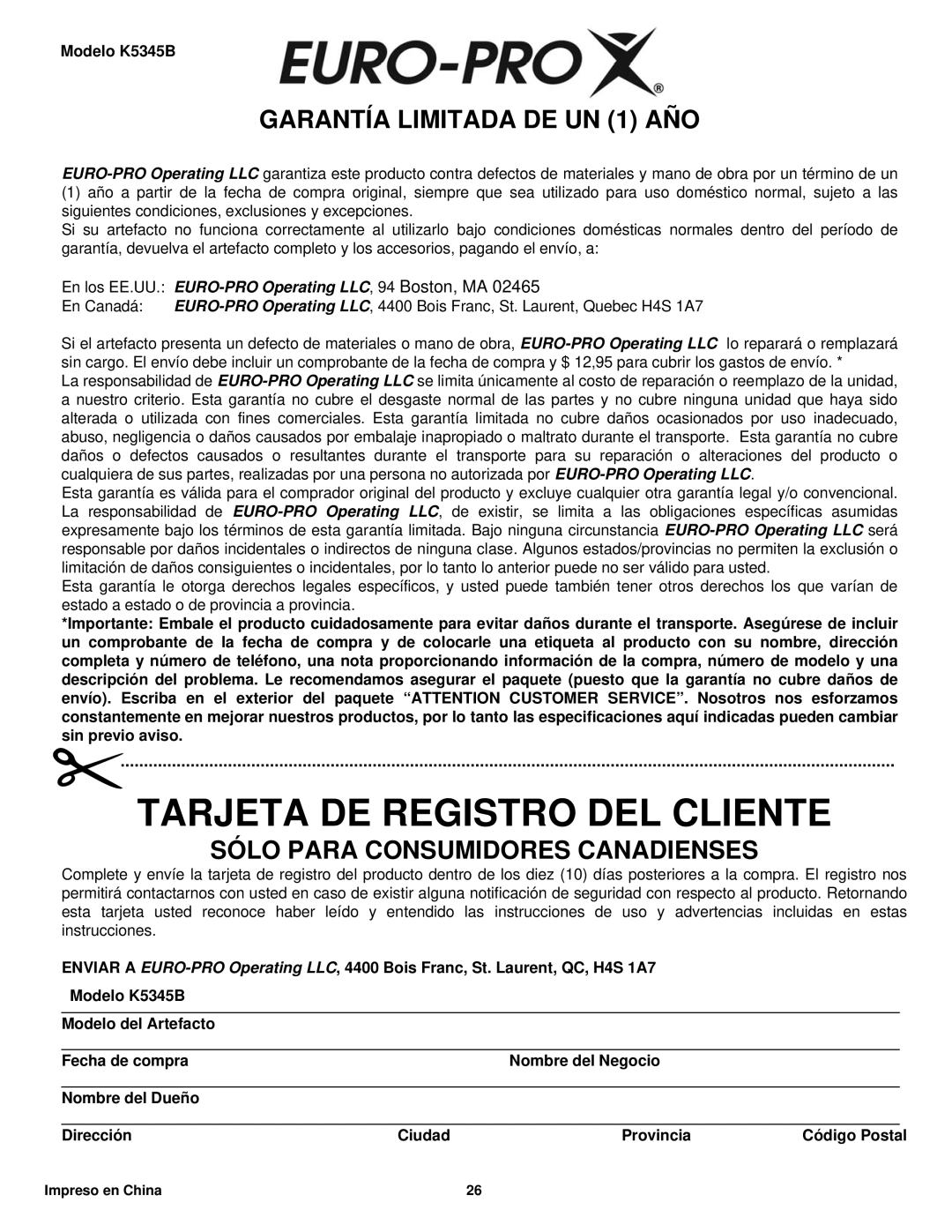 Euro-Pro K5345B Tarjeta De Registro Del Cliente, GARANTÍA LIMITADA DE UN 1 AÑO, Sólo Para Consumidores Canadienses 