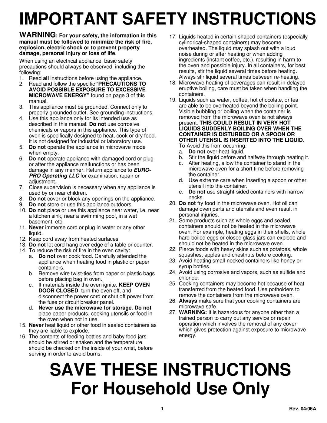 Euro-Pro K5345B owner manual SAVE THESE INSTRUCTIONS For Household Use Only, Important Safety Instructions 