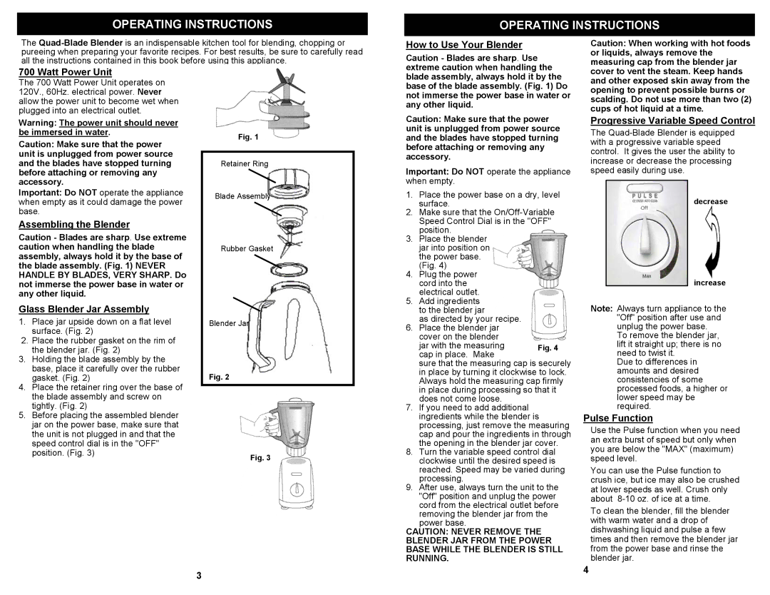 Euro-Pro KB305E How to Use Your Blender Watt Power Unit, Assembling the Blender Glass Blender Jar Assembly, Pulse Function 