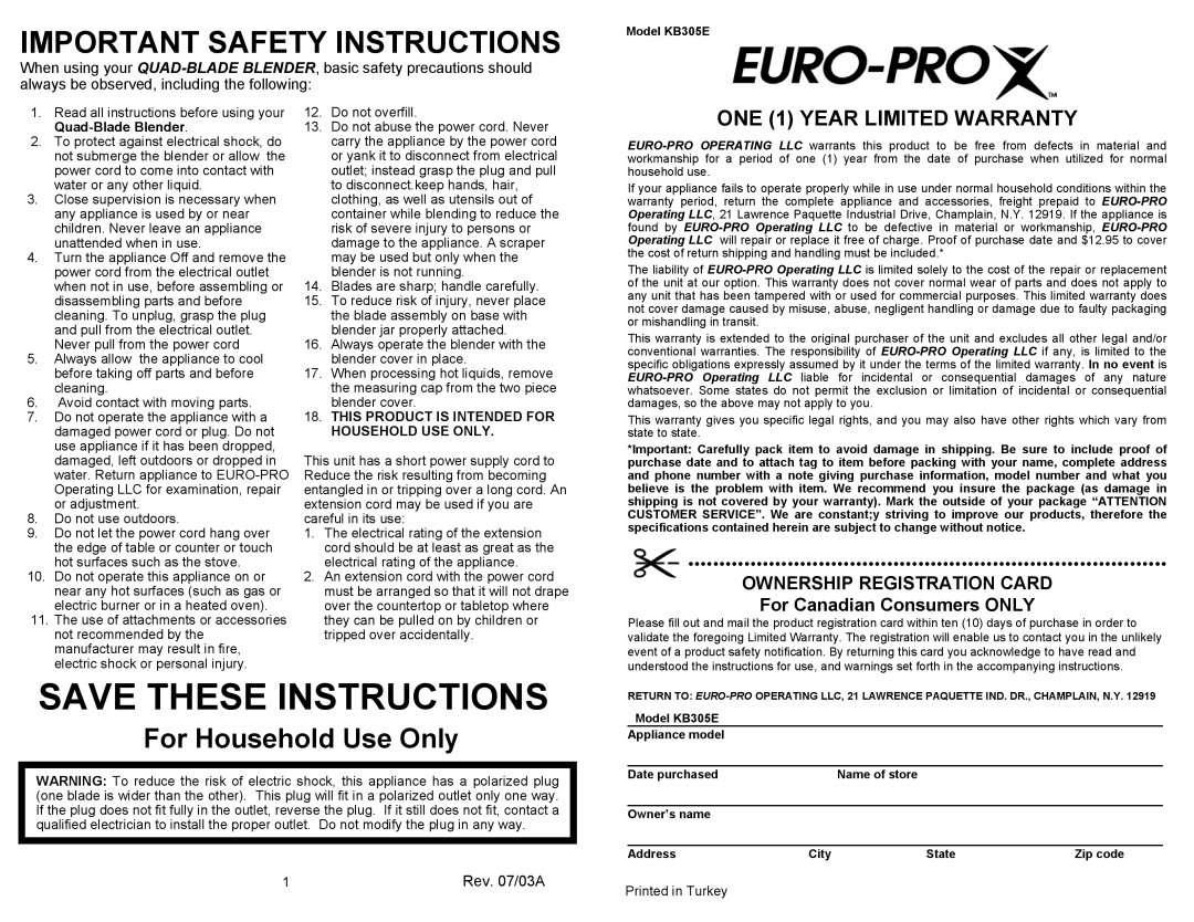 Euro-Pro KB305E Save These Instructions, ONE 1 YEAR LIMITED WARRANTY, Rev. 07/03A, Important Safety Instructions 