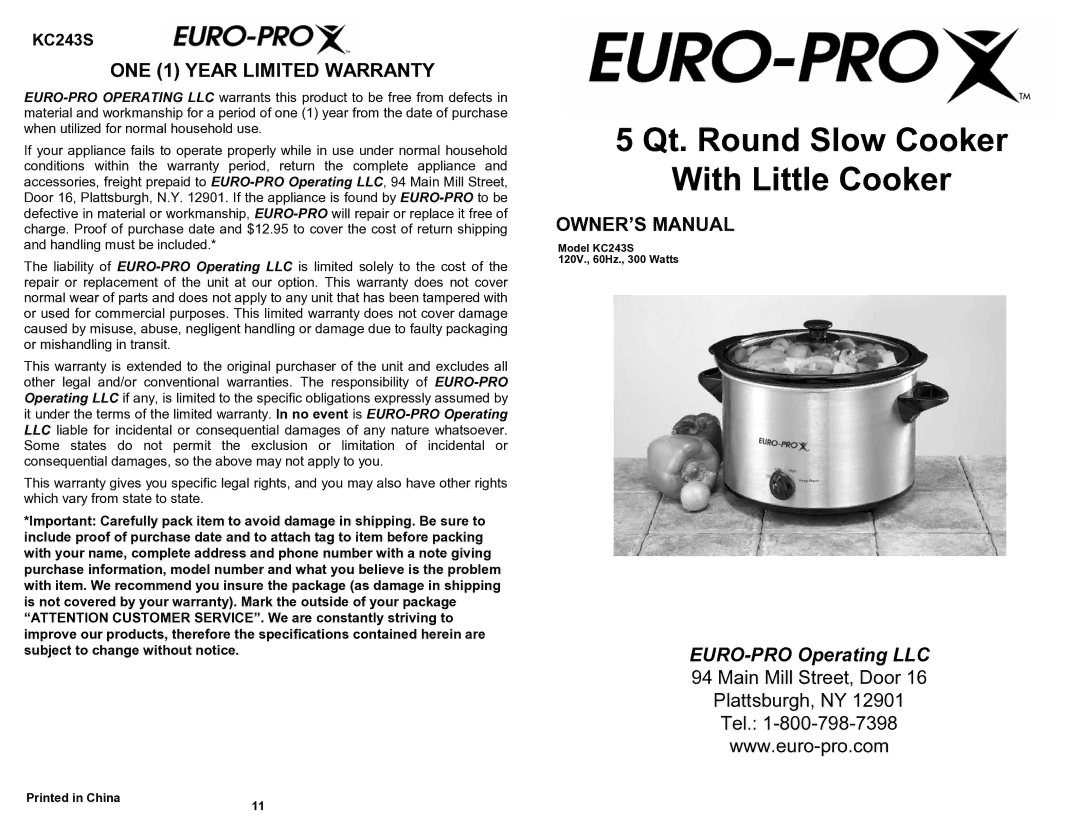 Euro-Pro KC243S owner manual ONE 1 Year Limited Warranty 