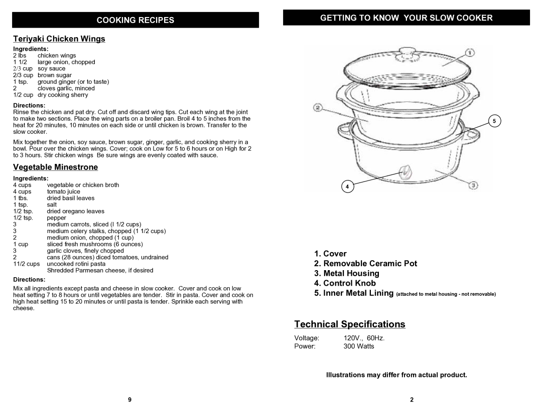 Euro-Pro KC243S owner manual Teriyaki Chicken Wings, Vegetable Minestrone, Getting to Know Your Slow Cooker 