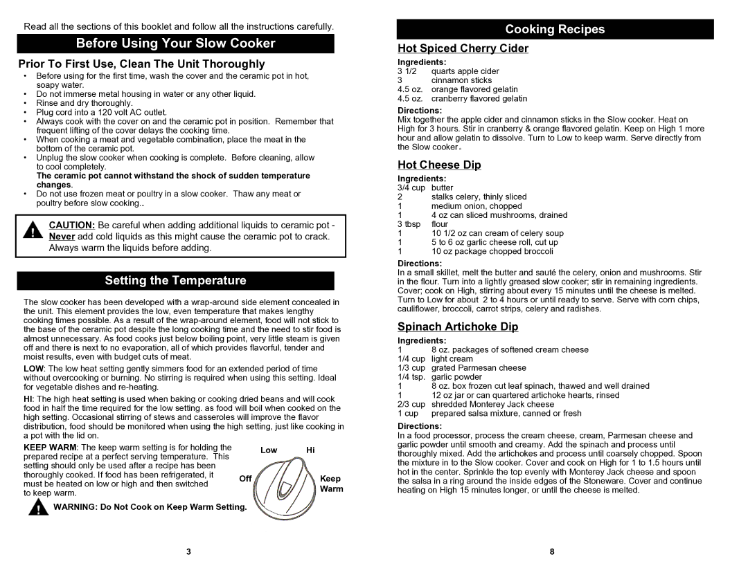 Euro-Pro KC243S owner manual Setting the Temperature, Cooking Recipes 