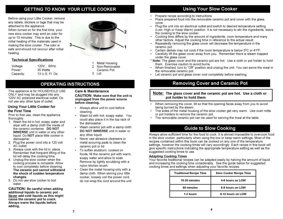 Euro-Pro KC243S Using Your Slow Cooker, Removing Cover and Ceramic Pot, Guide to Slow Cooking, Operating Instructions 