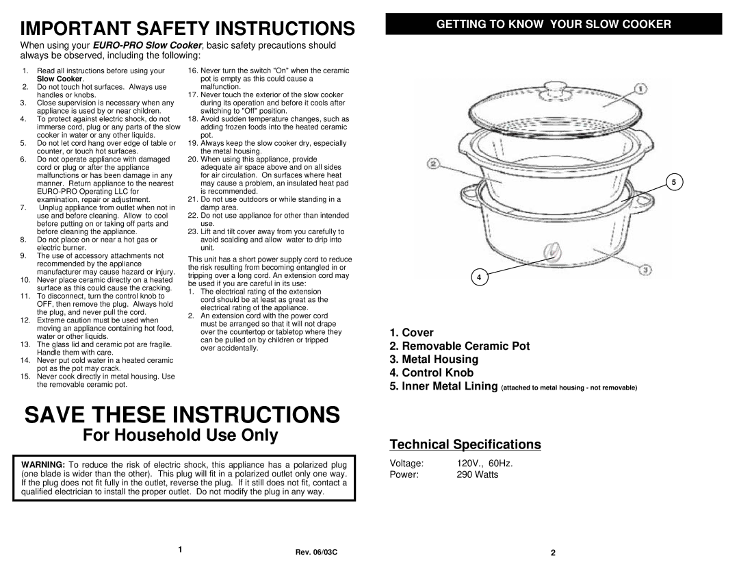 Euro-Pro KC255E owner manual Important Safety Instructions, Cover Removable Ceramic Pot Metal Housing Control Knob 