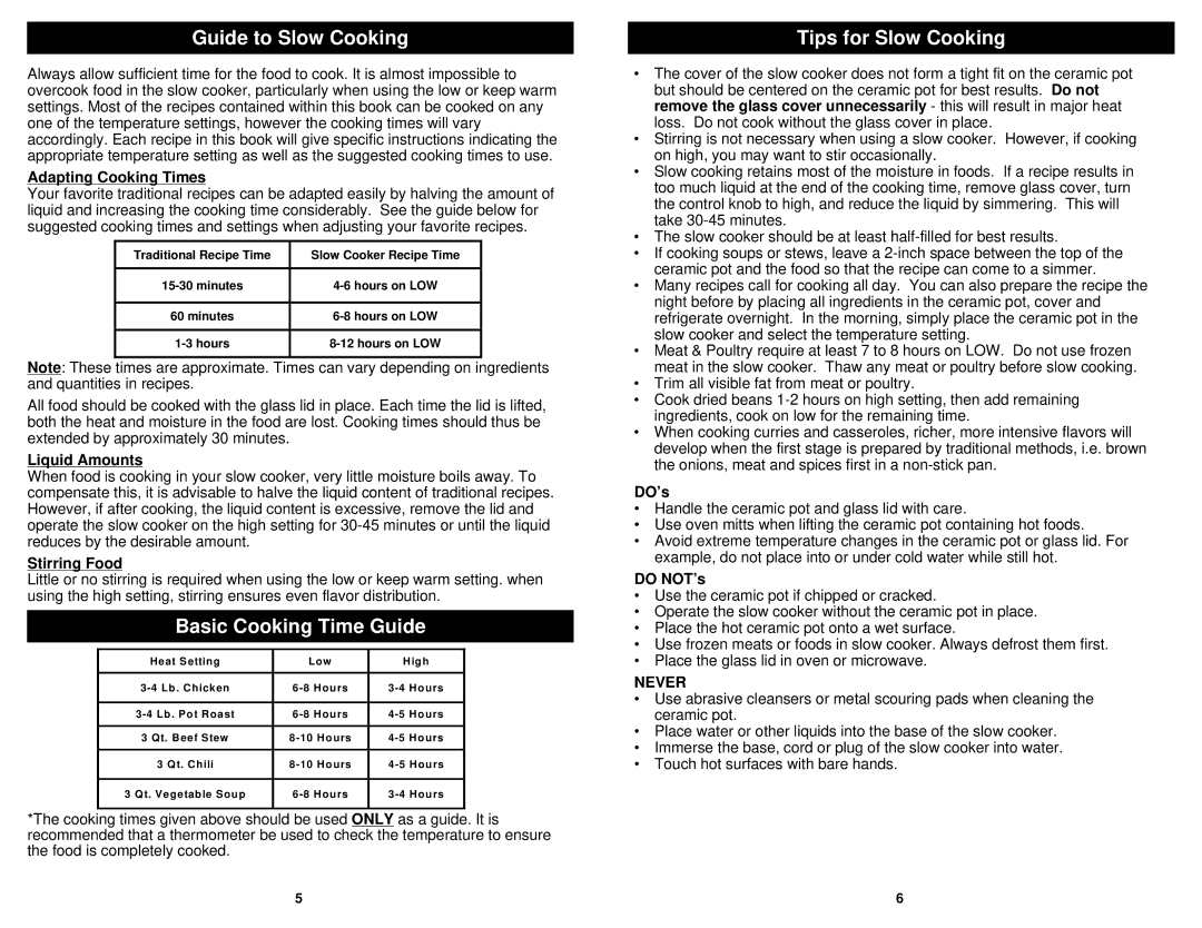 Euro-Pro KC255E owner manual Guide to Slow Cooking, Basic Cooking Time Guide Tips for Slow Cooking 