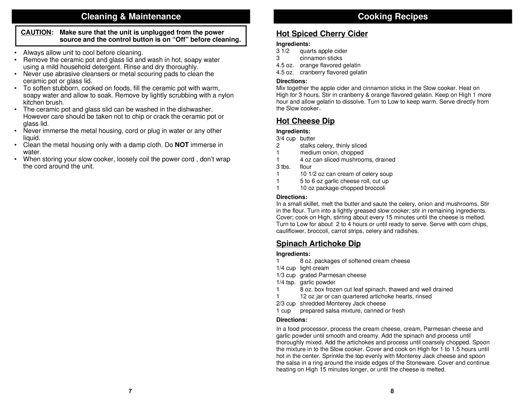 Euro-Pro KC255E Cleaning & Maintenance, Cooking Recipes, Hot Spiced Cherry Cider, Hot Cheese Dip, Spinach Artichoke Dip 