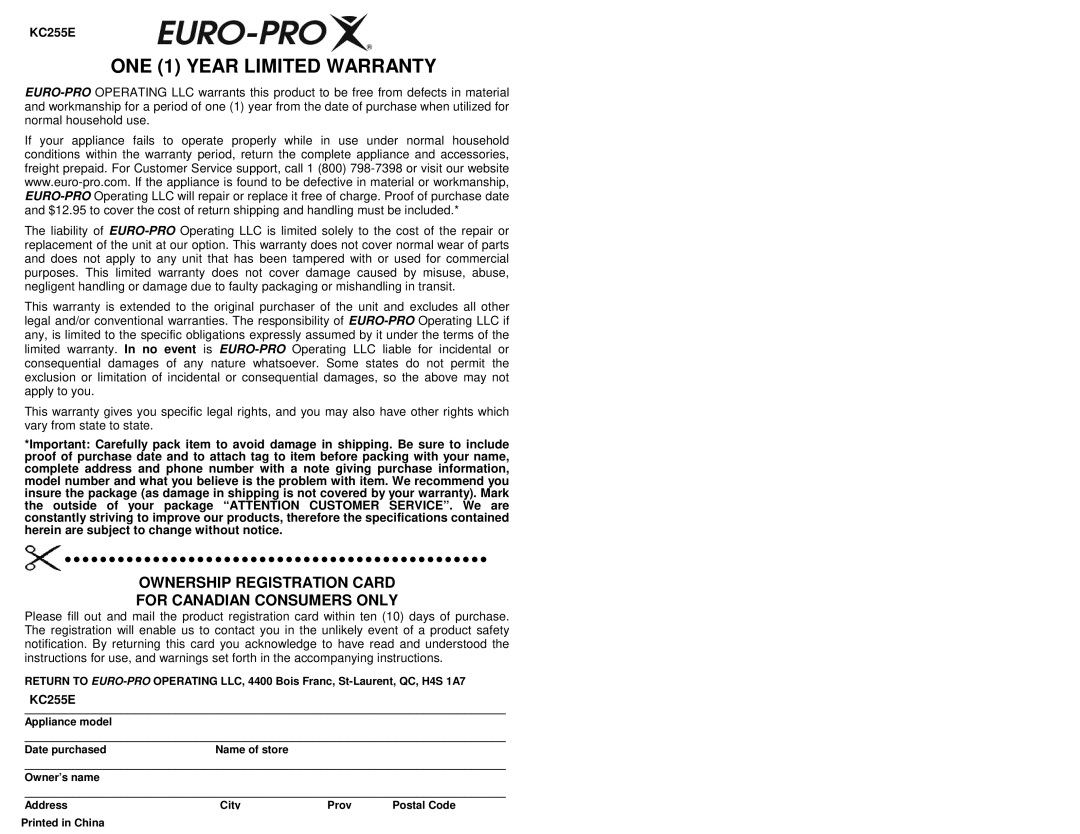 Euro-Pro KC255E owner manual ONE 1 Year Limited Warranty 