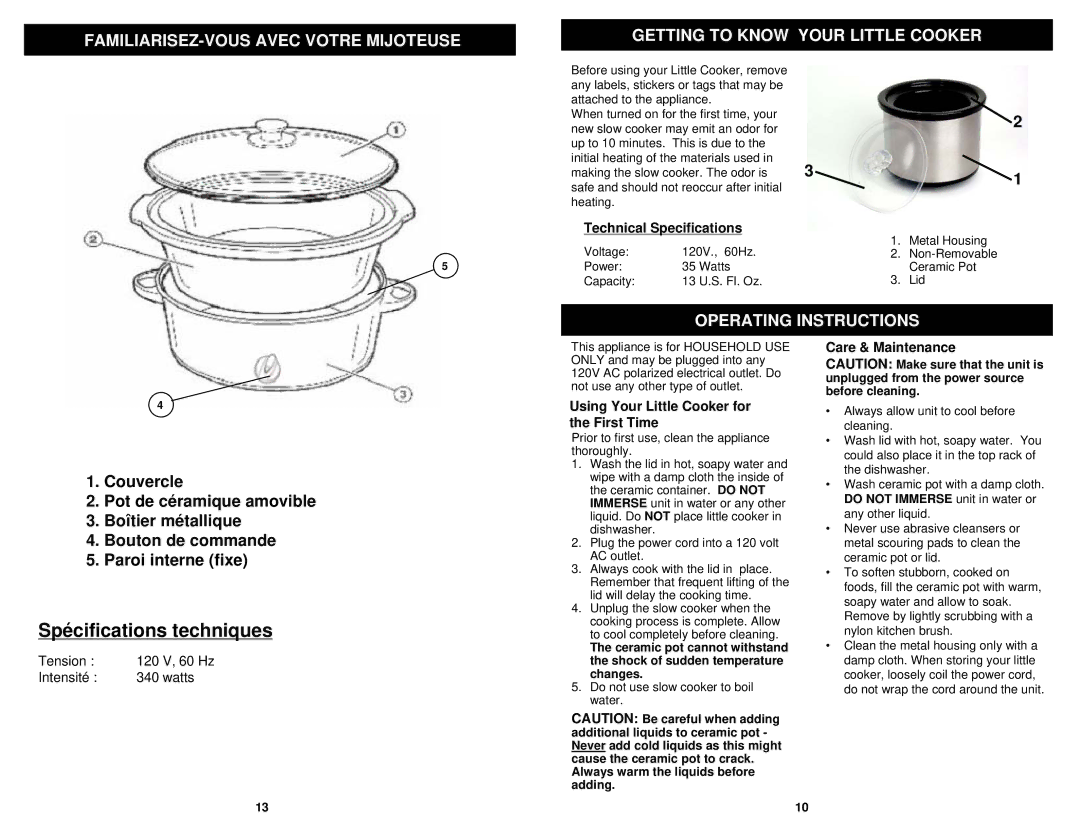 Euro-Pro KC271B owner manual Operating Instructions, Technical Specifications, Using Your Little Cooker for the First Time 