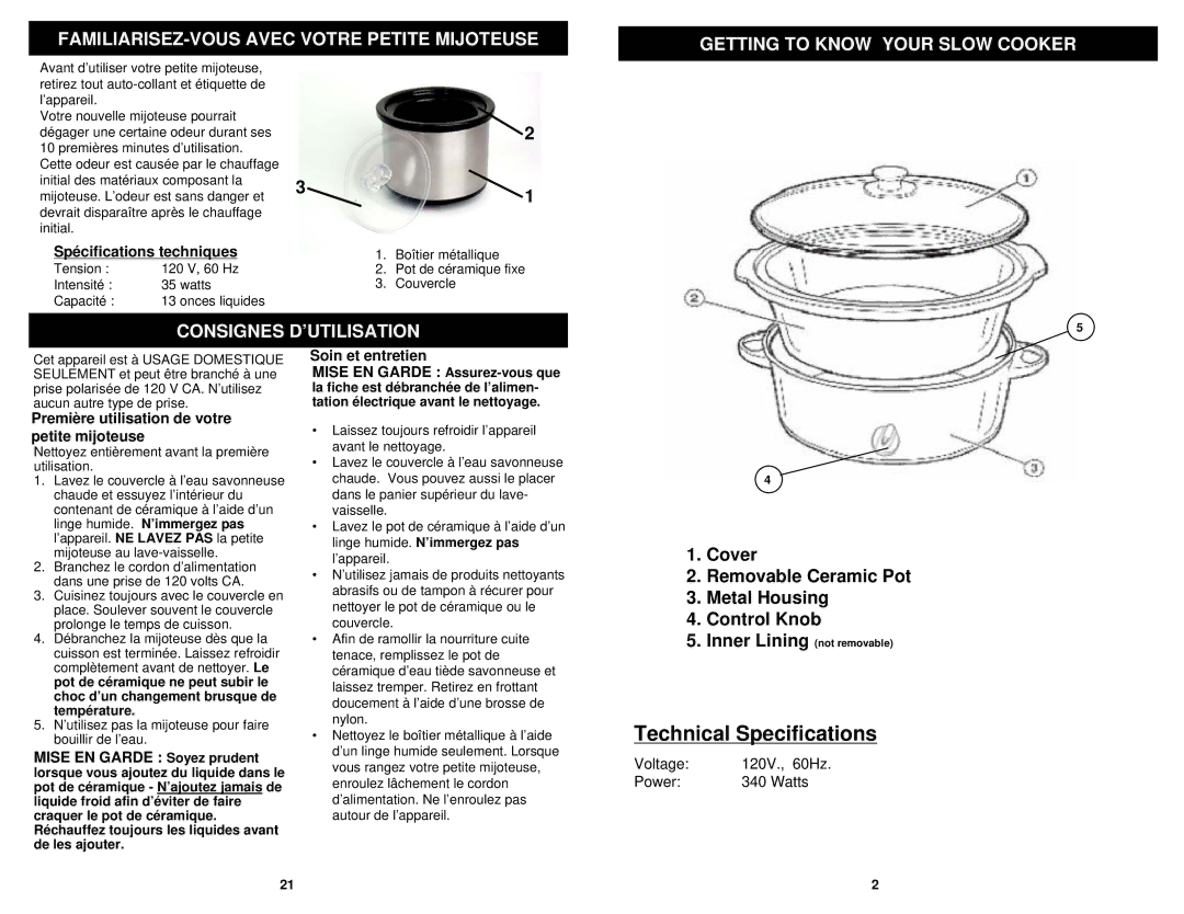 Euro-Pro KC271B Consignes D’UTILISATION, Cover Removable Ceramic Pot Metal Housing Control Knob, Spécifications techniques 