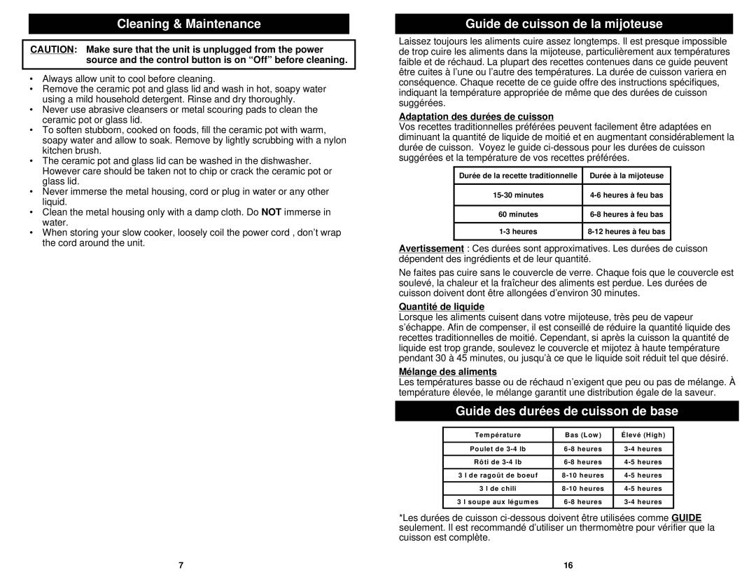 Euro-Pro KC271B owner manual Cleaning & Maintenance, Guide de cuisson de la mijoteuse, Guide des durées de cuisson de base 