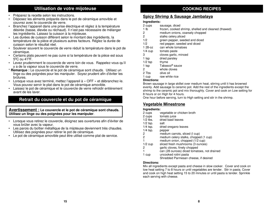 Euro-Pro KC271B owner manual Utilisation de votre mijoteuse, Retrait du couvercle et du pot de céramique, Cooking Recipes 