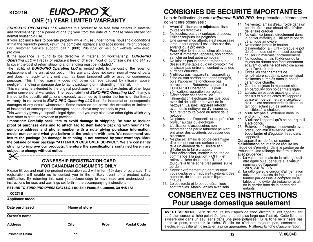 Euro-Pro KC271B Conservez Ces Instructions, Pour usage domestique seulement, ONE 1 YEAR LIMITED WARRANTY, V. 08/04B, City 