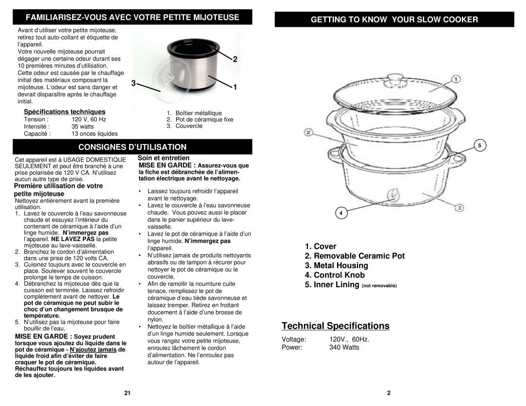 Euro-Pro KC271B Technical Specifications, Familiarisez-Vous Avec Votre Petite Mijoteuse, Getting To Know Your Slow Cooker 
