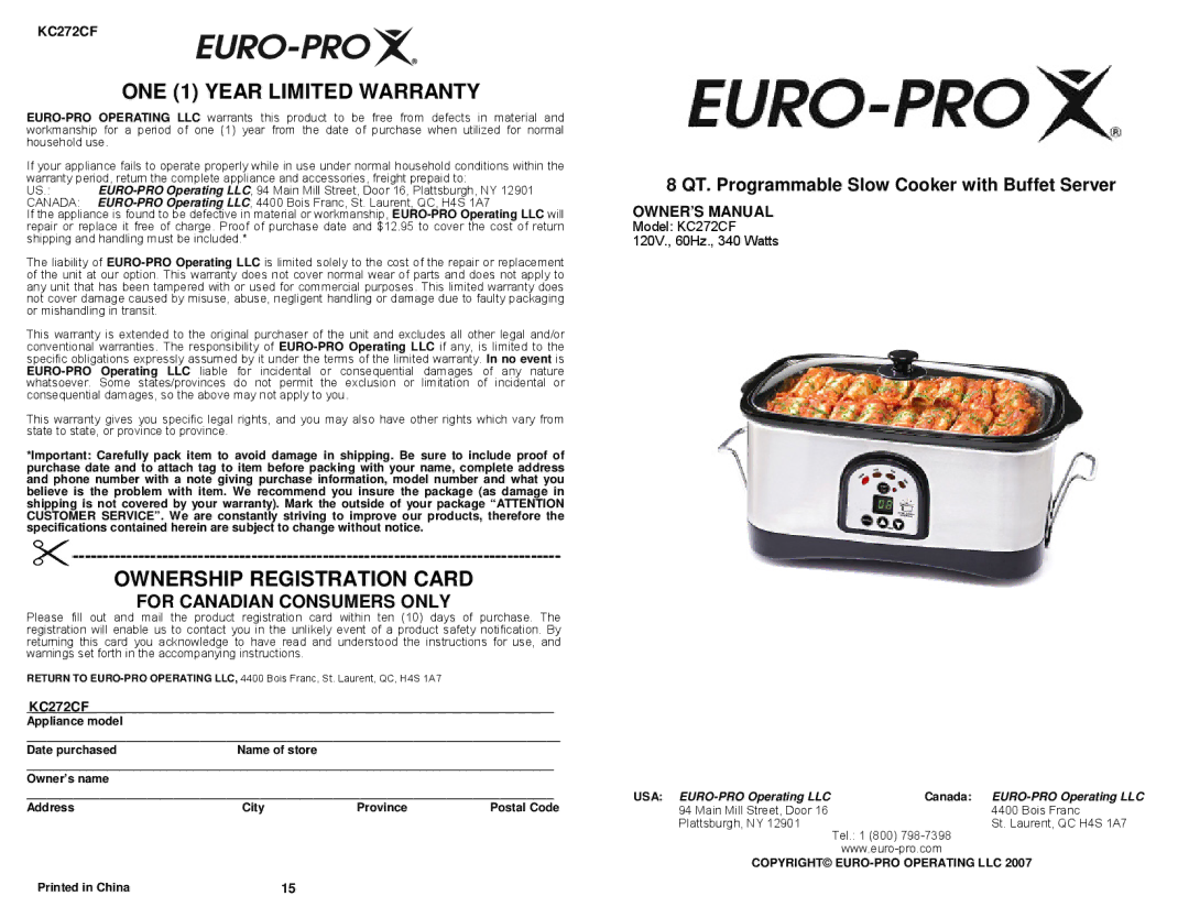 Euro-Pro KC272CF owner manual ONE 1 Year Limited Warranty 