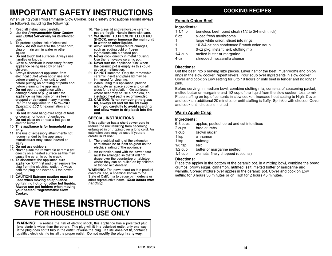 Euro-Pro KC272CF owner manual Cooking Recipes, French Onion Beef, Warm Apple Crisp 