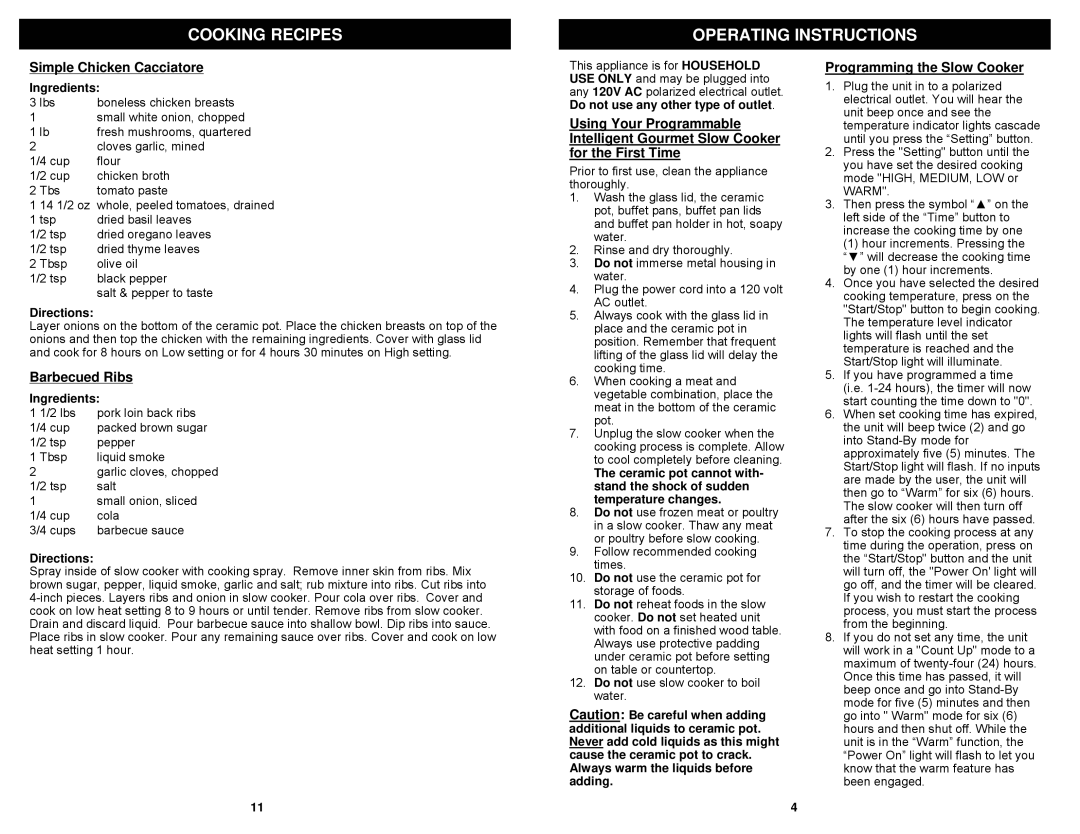 Euro-Pro KC272CF owner manual Cooking Recipes Operating Instructions, Simple Chicken Cacciatore, Barbecued Ribs 