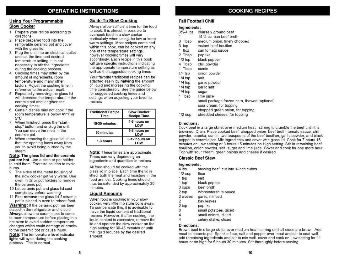 Euro-Pro KC272CF owner manual Operating Instructions Cooking Recipes 